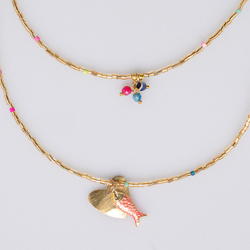 Gold and Colour Speckled Beaded Long Necklace