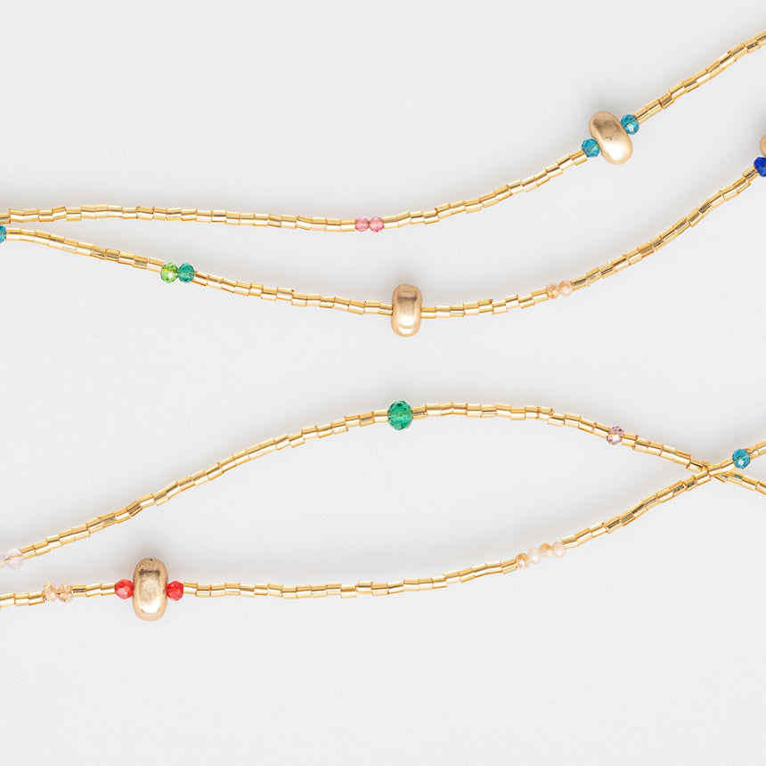 Gold Beaded Long Necklace with Multicolour bead accents