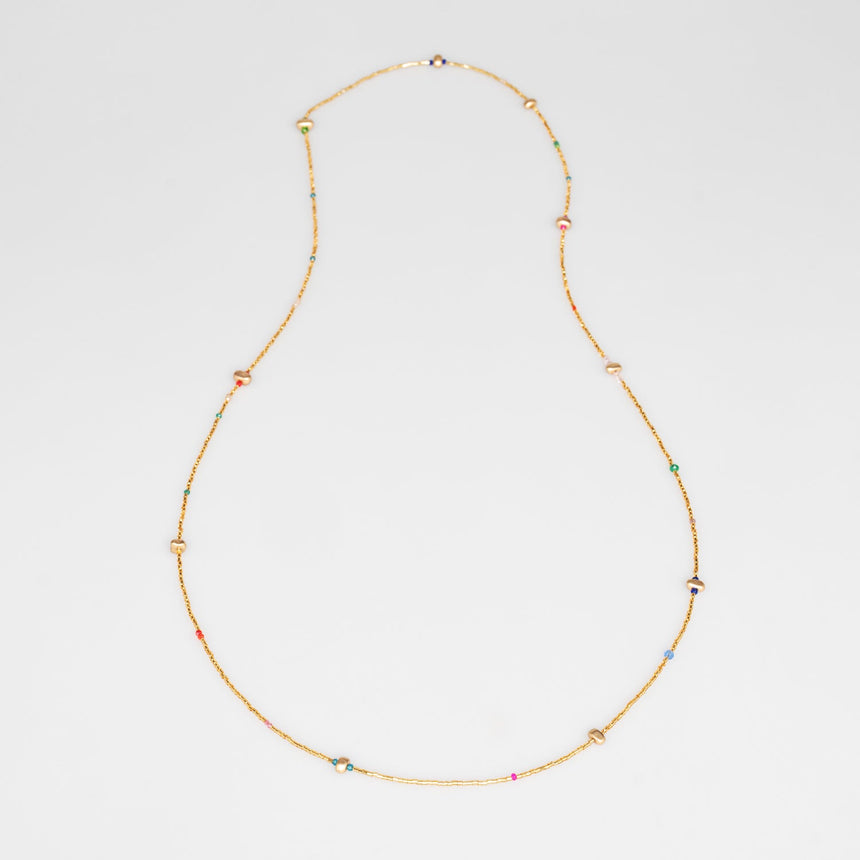 Gold Beaded Long Necklace with Multicolour bead accents