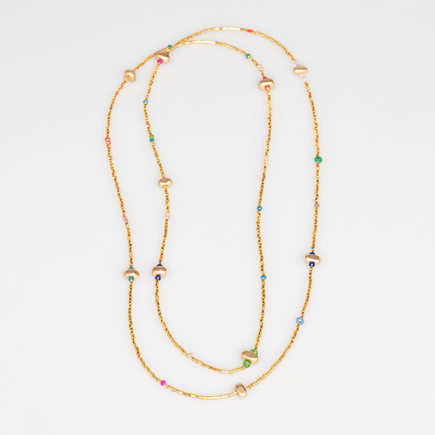 Gold Beaded Long Necklace with Multicolour bead accents