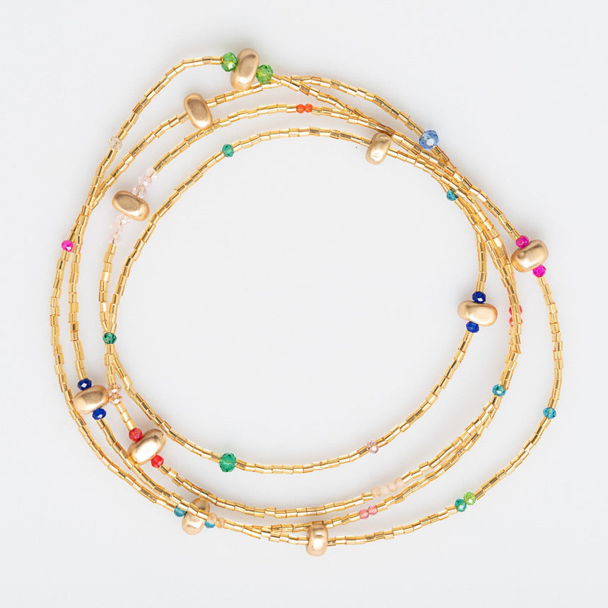 Gold Beaded Long Necklace with Multicolour bead accents