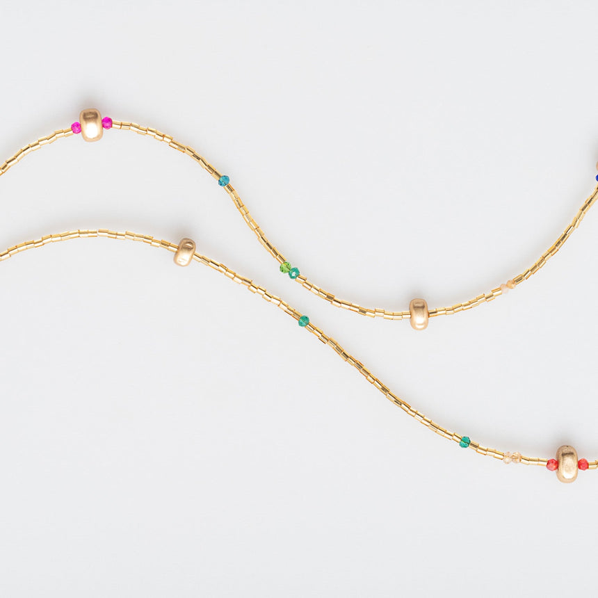 Gold Beaded Long Necklace with Multicolour bead accents