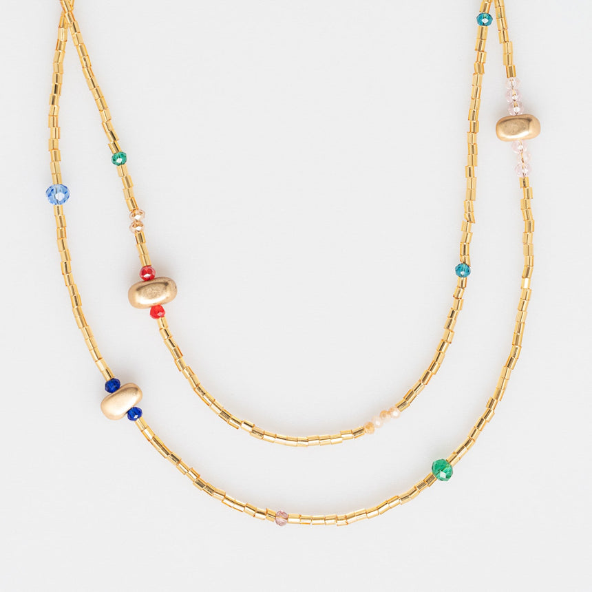 Gold Beaded Long Necklace with Multicolour bead accents
