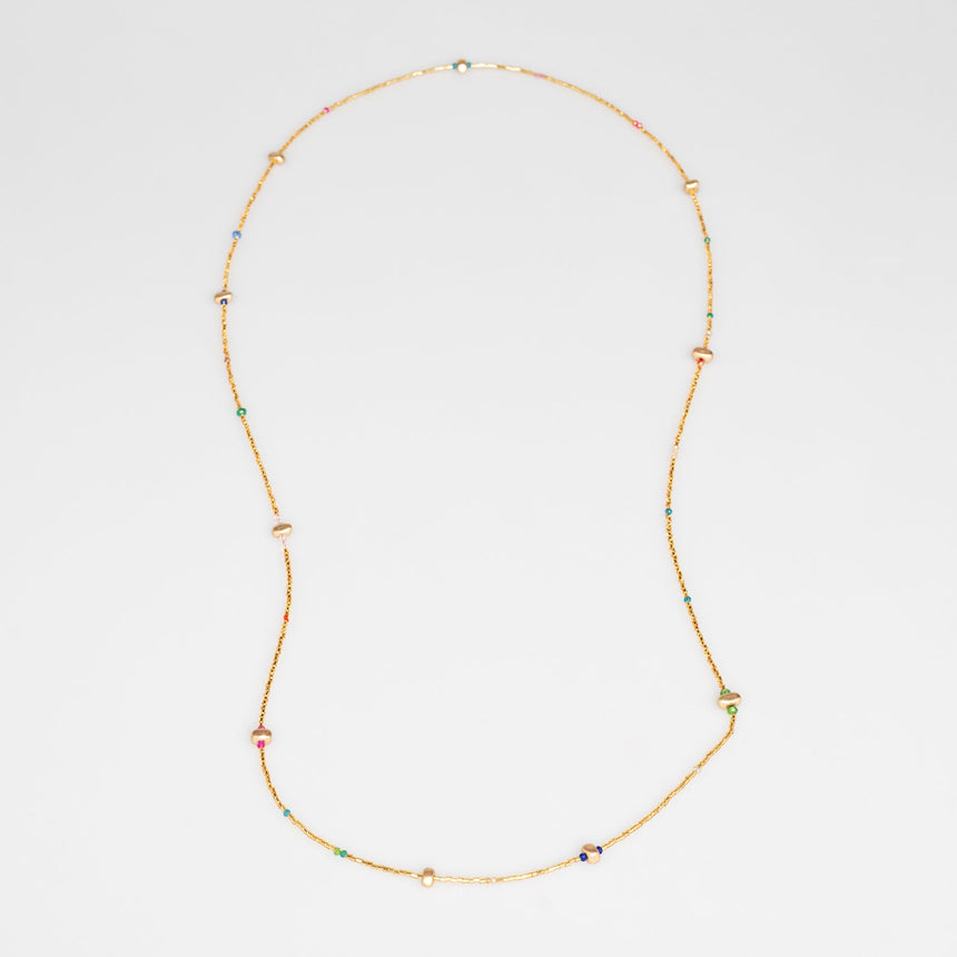 Gold Beaded Long Necklace with Multicolour bead accents