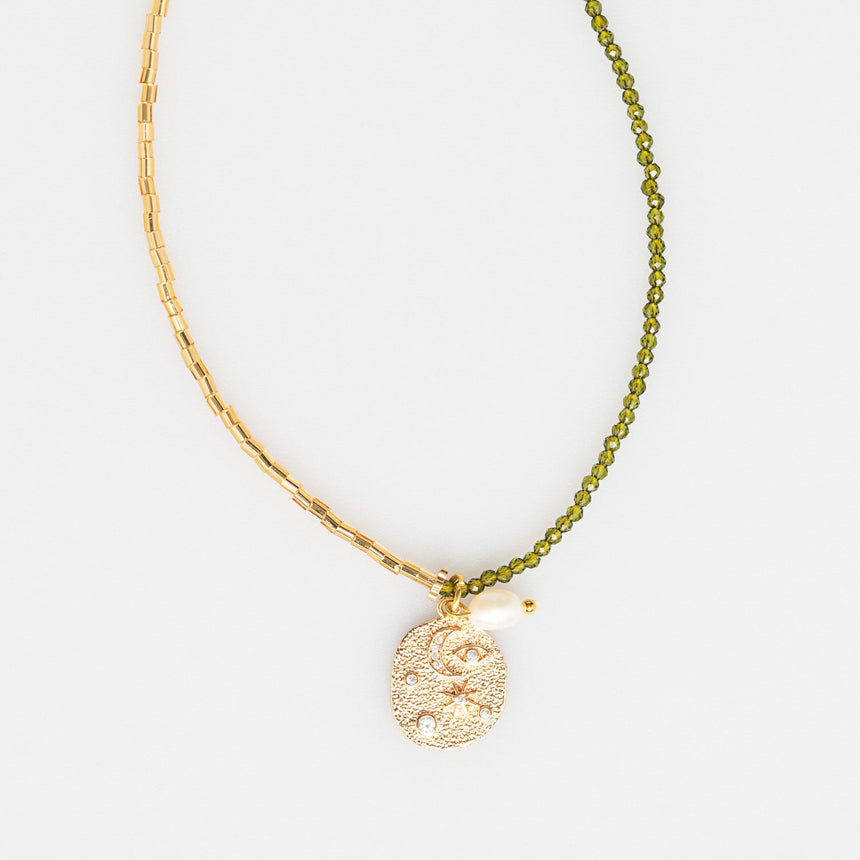 Multicolour Beaded Long Necklace with Sun and Moon Charm