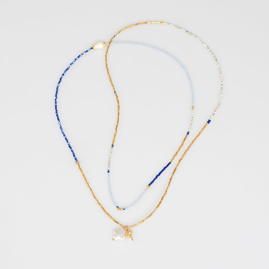 Navy Blue and Gold Beaded Long Necklace