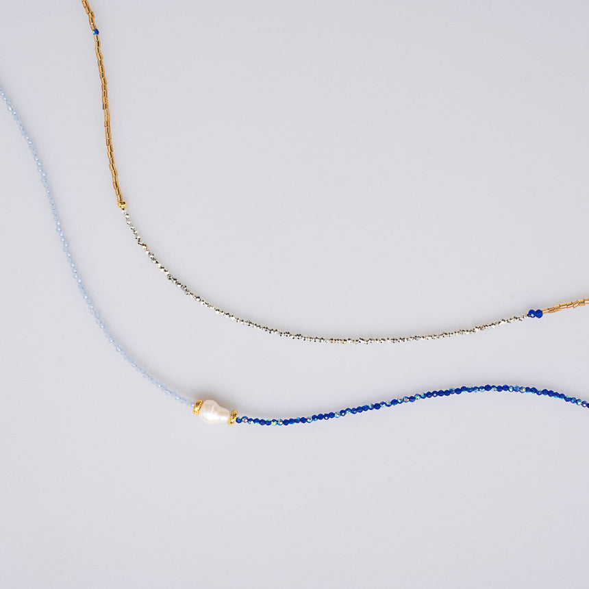 Navy Blue and Gold Beaded Long Necklace
