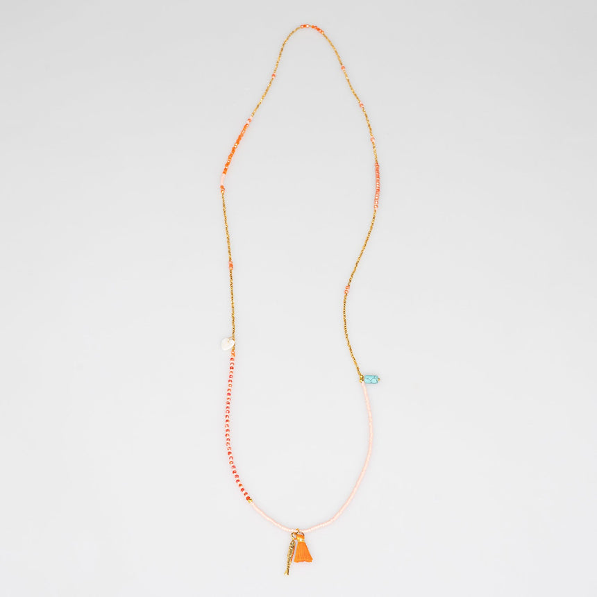 Tangerine and Gold Beaded Charm Long Necklace