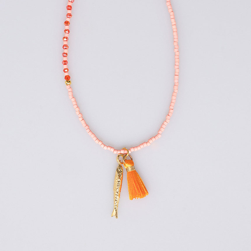 Tangerine and Gold Beaded Charm Long Necklace