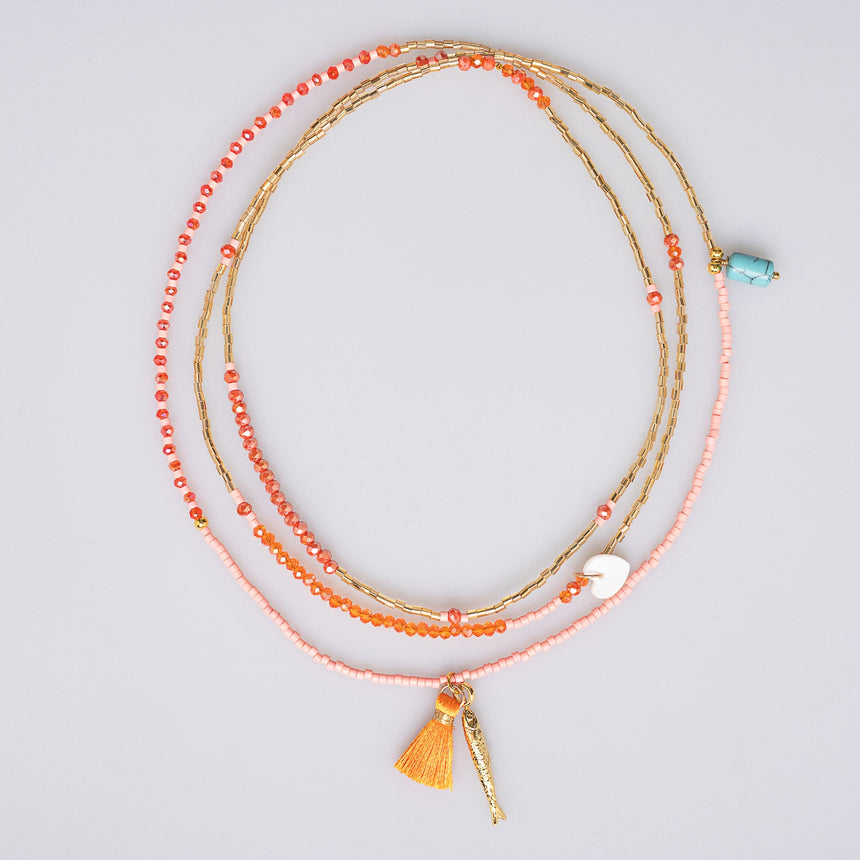 Tangerine and Gold Beaded Charm Long Necklace