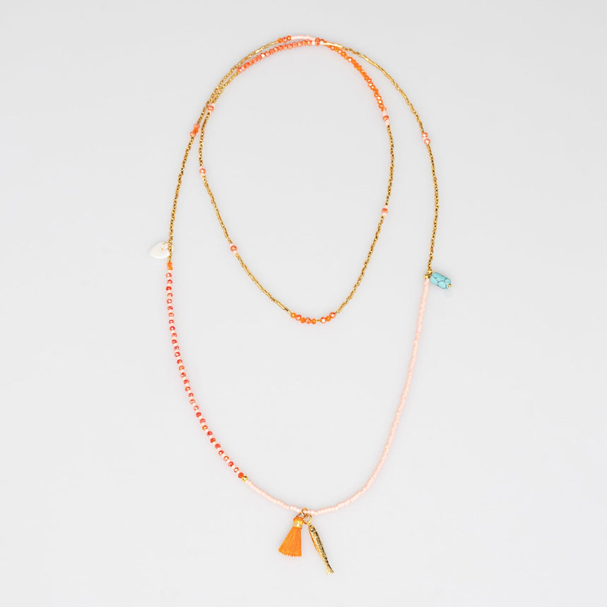 Tangerine and Gold Beaded Charm Long Necklace