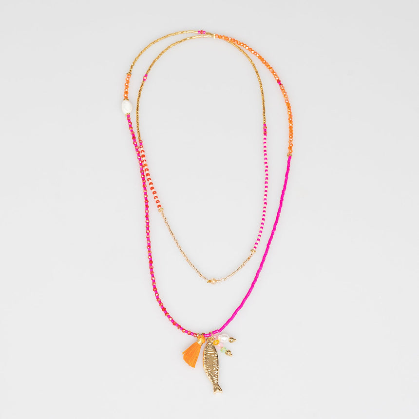 Pink, Tangerine and Gold Charm Beaded Long Necklace