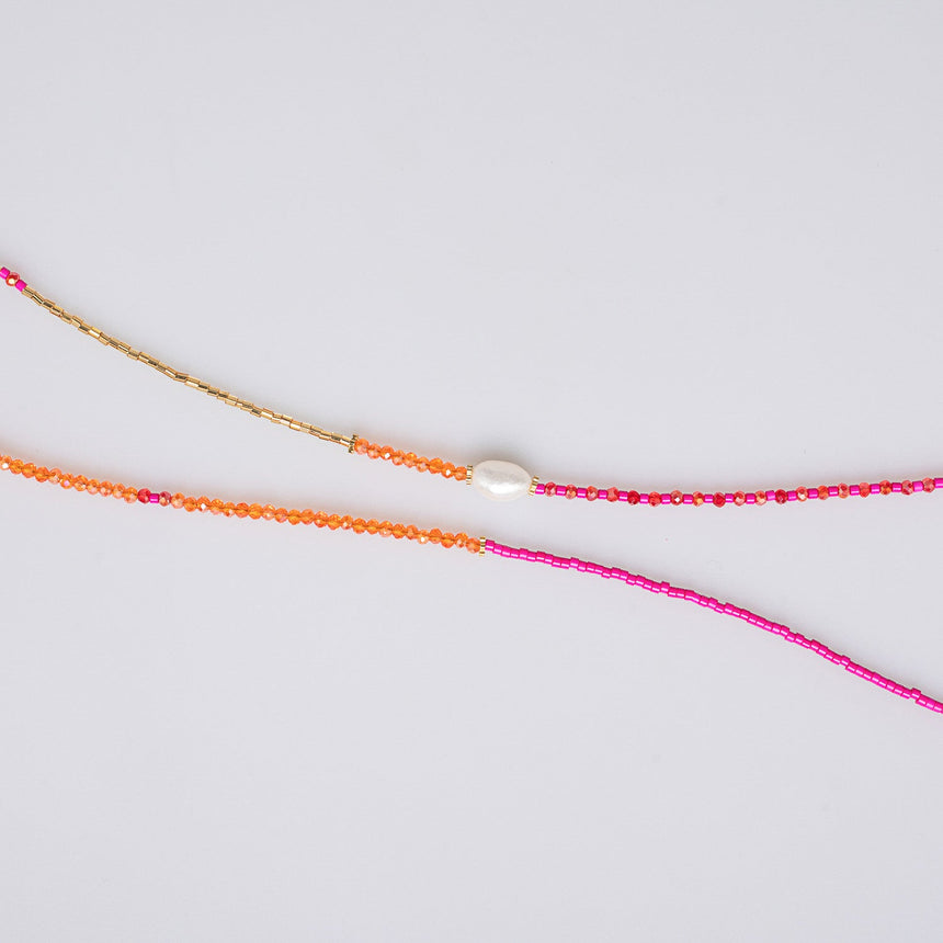 Pink, Tangerine and Gold Charm Beaded Long Necklace