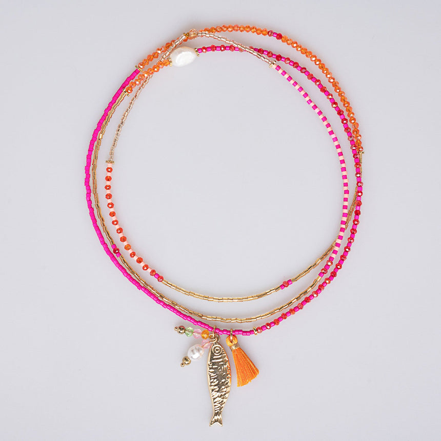 Pink, Tangerine and Gold Charm Beaded Long Necklace