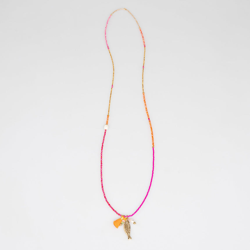 Pink, Tangerine and Gold Charm Beaded Long Necklace