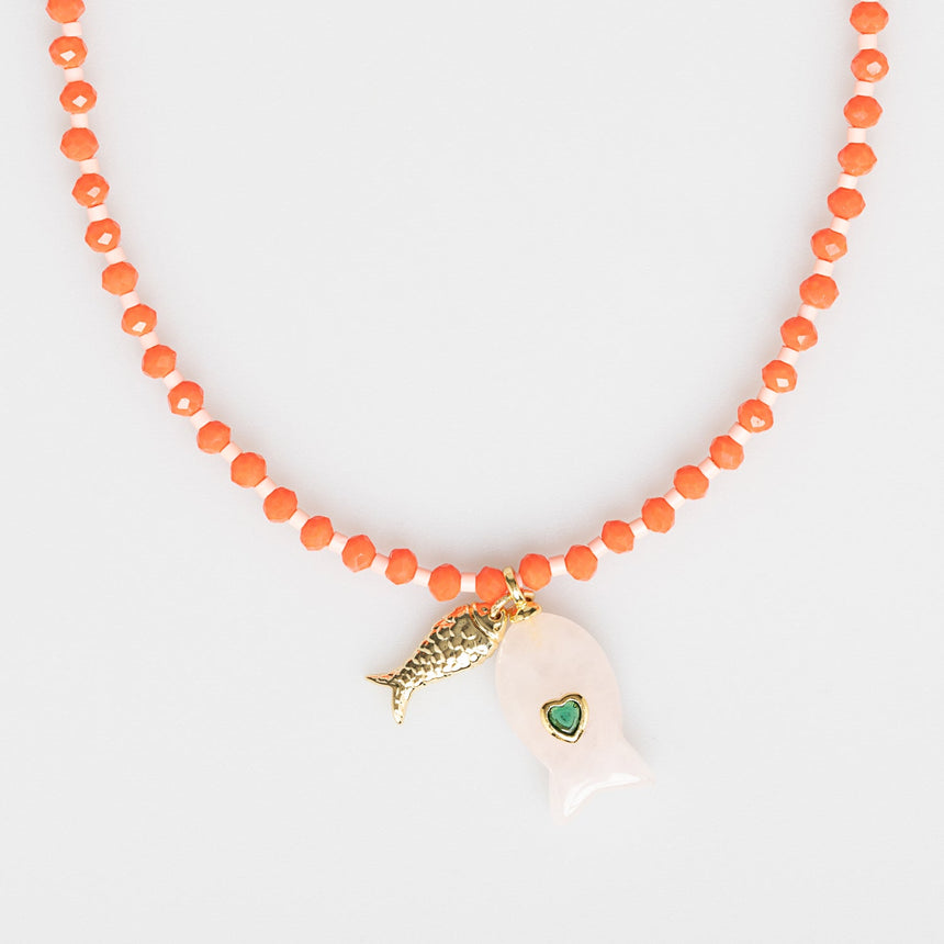 Tangerine Beaded Necklace with Double Fish Charm