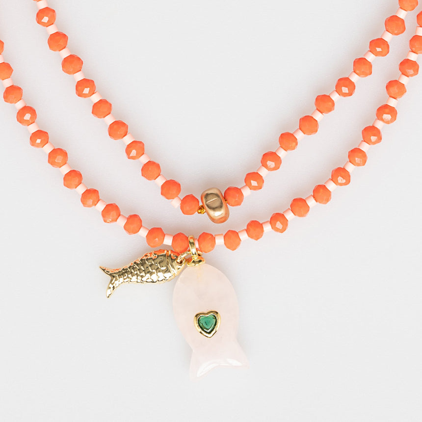 Tangerine Beaded Necklace with Double Fish Charm