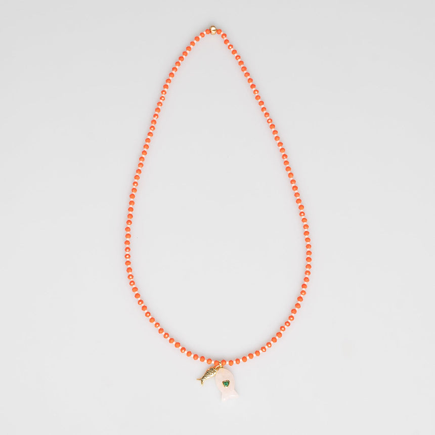 Tangerine Beaded Necklace with Double Fish Charm