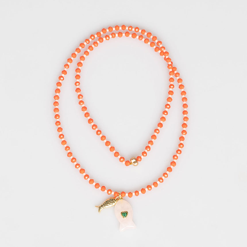 Tangerine Beaded Necklace with Double Fish Charm