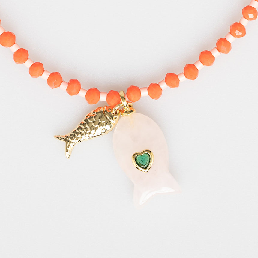 Tangerine Beaded Necklace with Double Fish Charm