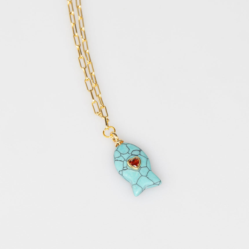 Gold Plated Paper Chain Turquoise Tortoise Shell Fish Charm Necklace