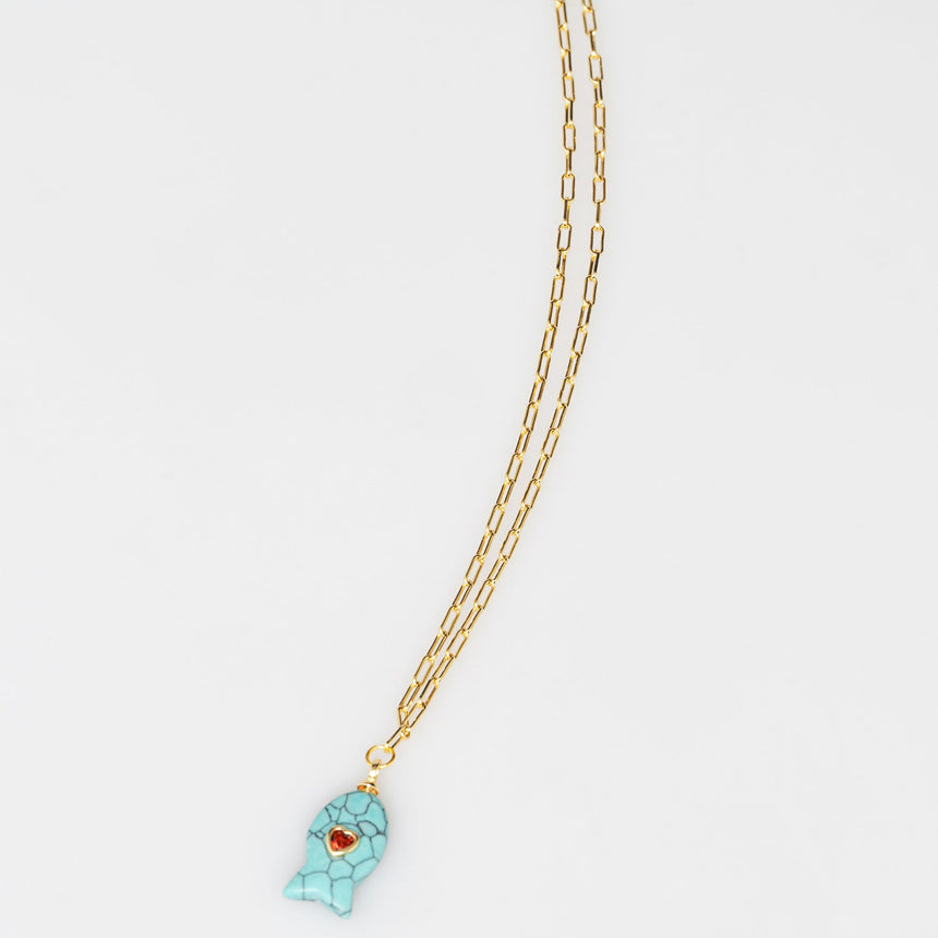 Gold Plated Paper Chain Turquoise Tortoise Shell Fish Charm Necklace