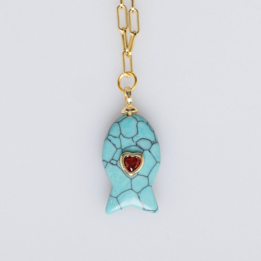Gold Plated Paper Chain Turquoise Tortoise Shell Fish Charm Necklace