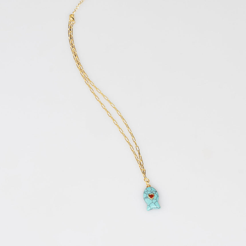 Gold Plated Paper Chain Turquoise Tortoise Shell Fish Charm Necklace