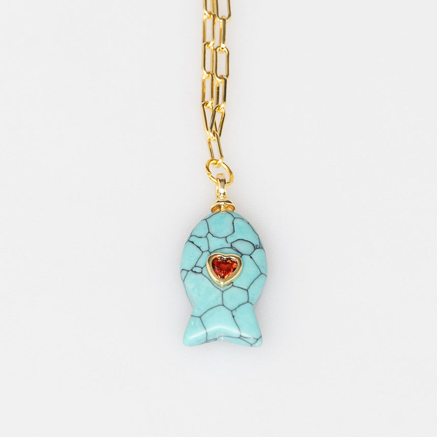 Gold Plated Paper Chain Turquoise Tortoise Shell Fish Charm Necklace
