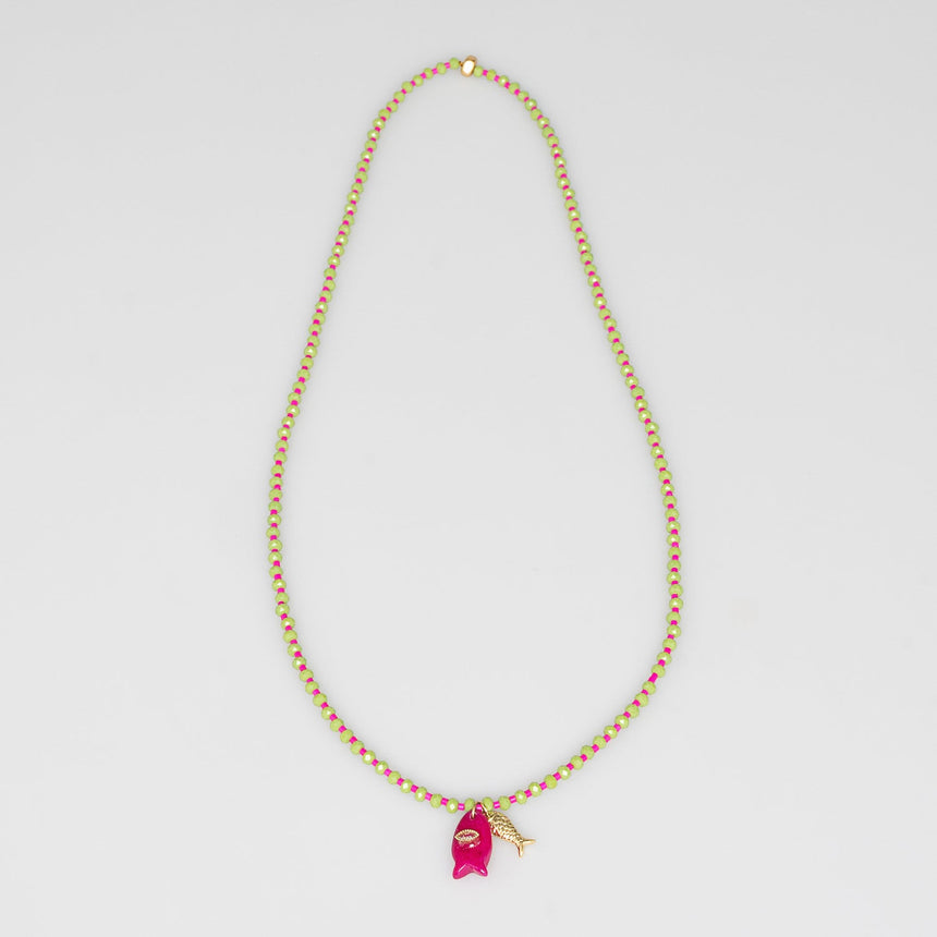 Green and Pink Fish Charm Beaded Necklace