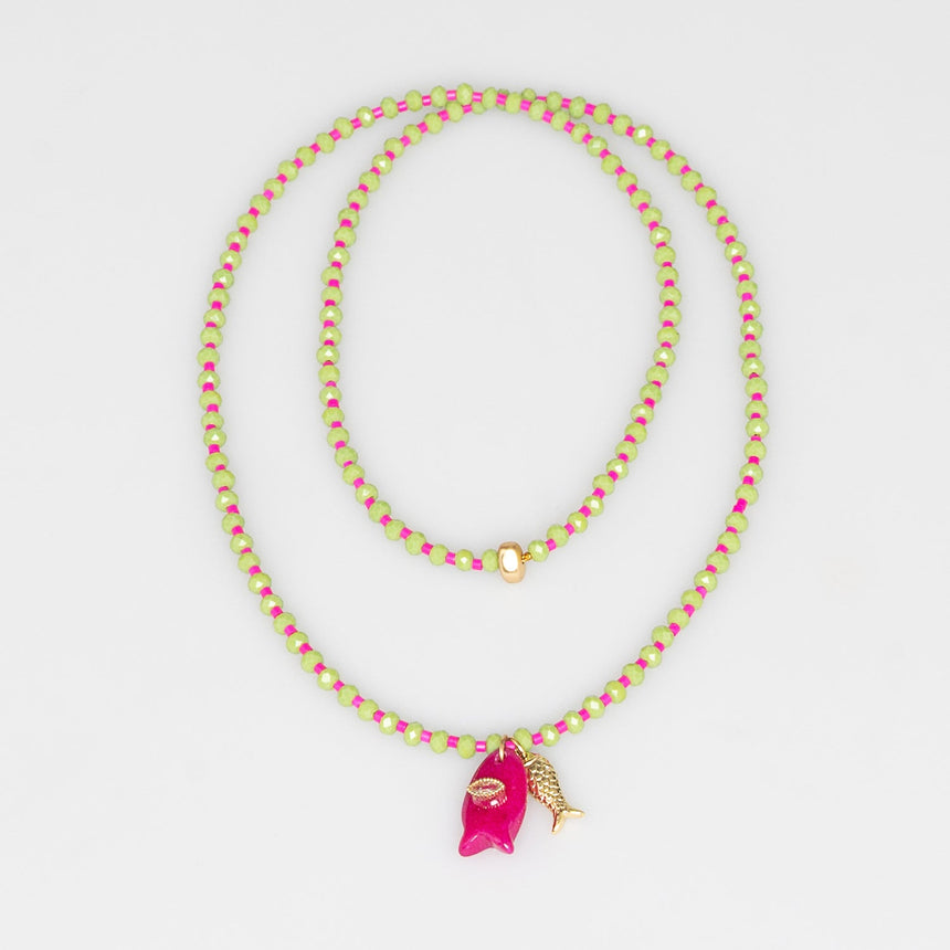 Green and Pink Fish Charm Beaded Necklace