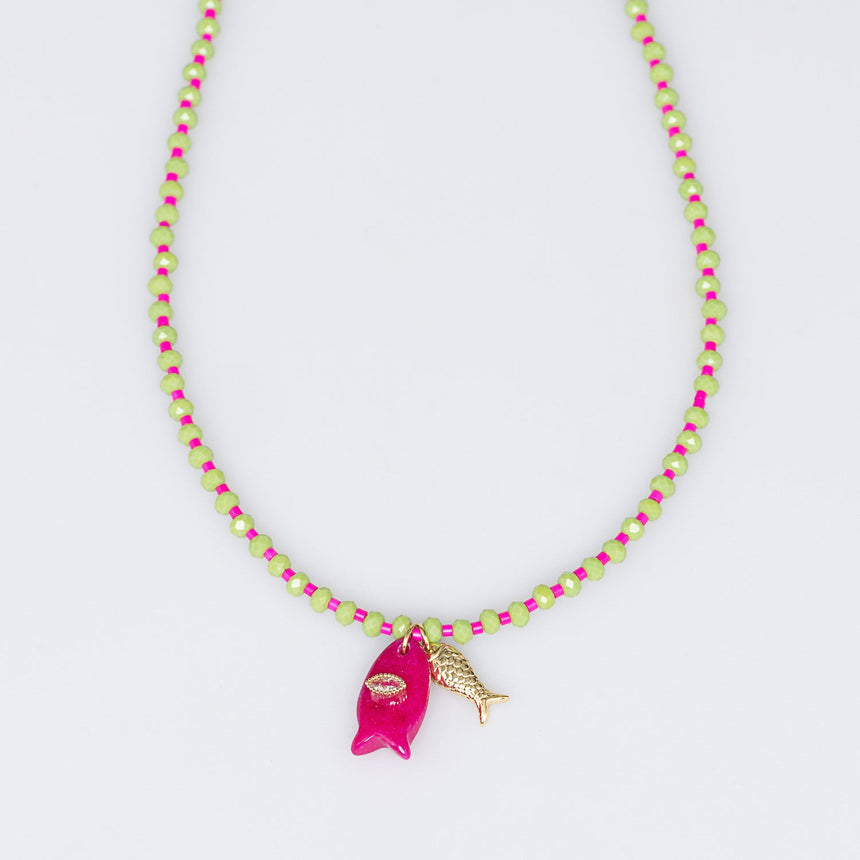 Green and Pink Fish Charm Beaded Necklace