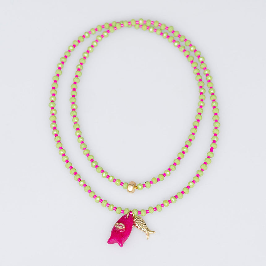 Green and Pink Fish Charm Beaded Necklace