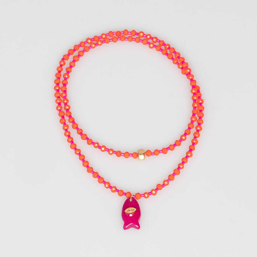 Orange and Pink Fish Charm Beaded Necklace