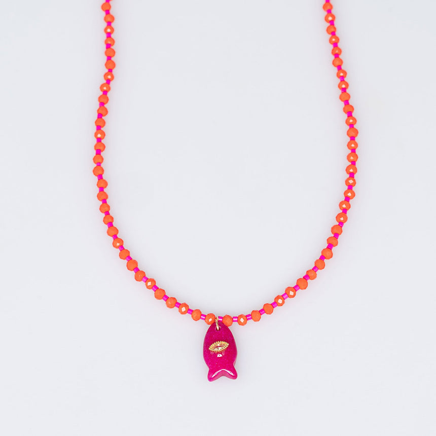 Orange and Pink Fish Charm Beaded Necklace
