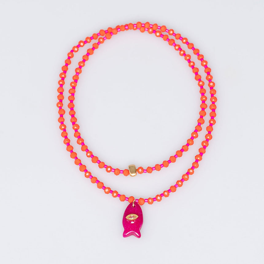 Orange and Pink Fish Charm Beaded Necklace