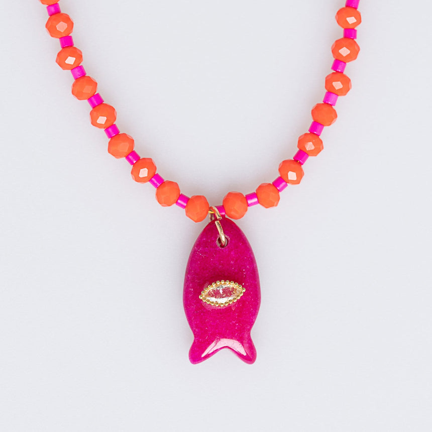 Orange and Pink Fish Charm Beaded Necklace