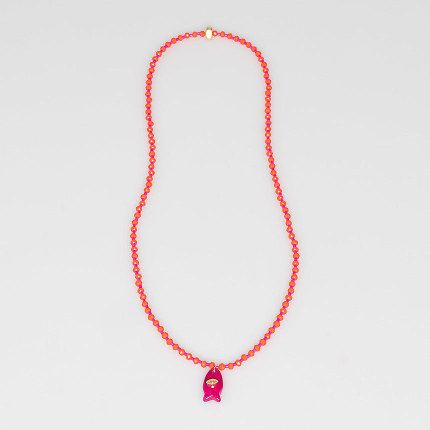 Orange and Pink Fish Charm Beaded Necklace
