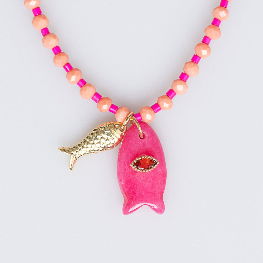 Peach and Pink Fish Charm Beaded Necklace