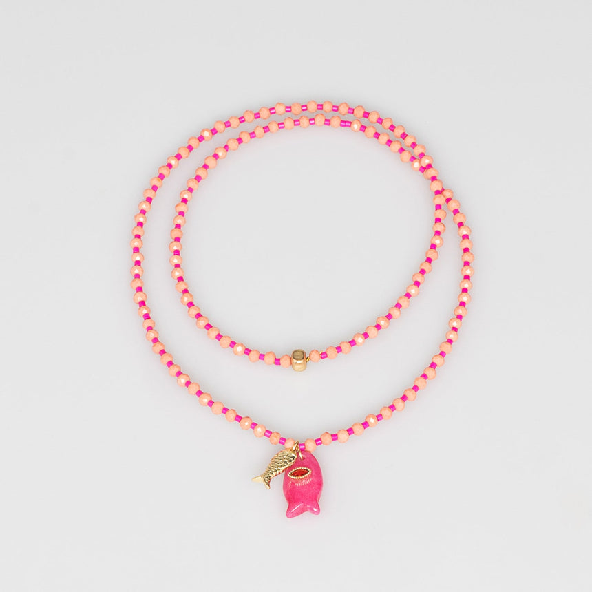 Peach and Pink Fish Charm Beaded Necklace