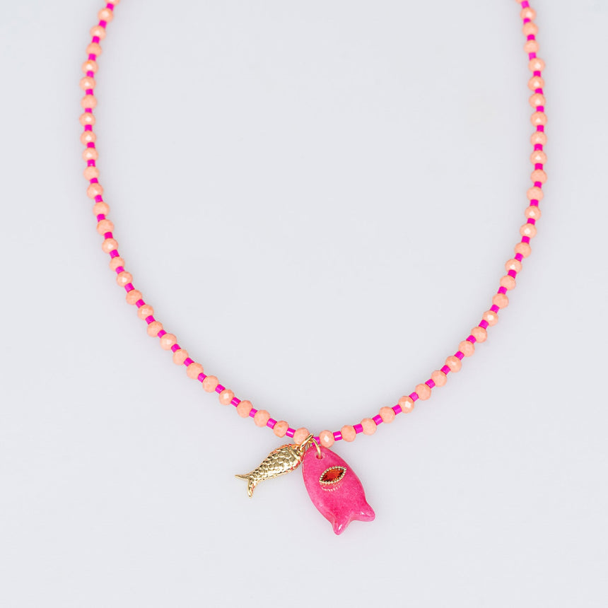 Peach and Pink Fish Charm Beaded Necklace