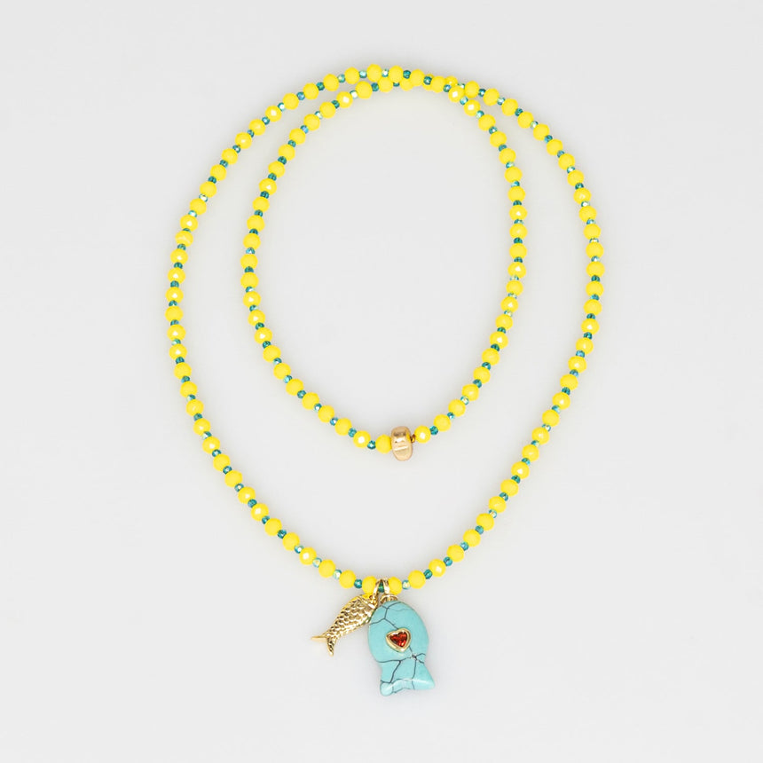 Yellow and Turquiose Fish Charm Beaded Necklace