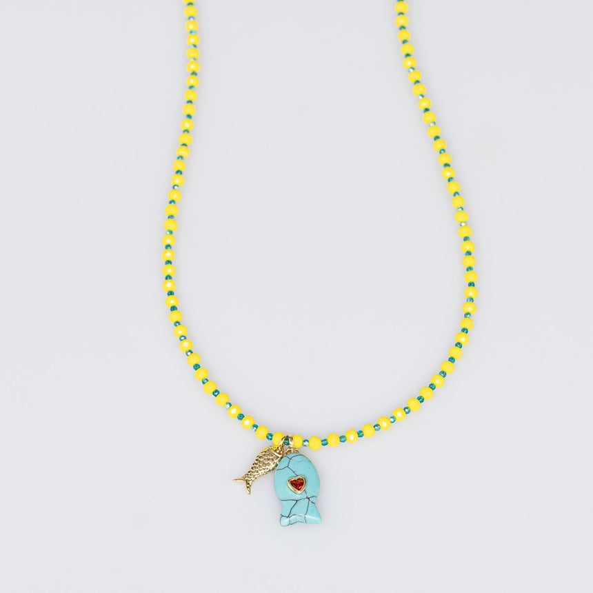 Yellow and Turquiose Fish Charm Beaded Necklace