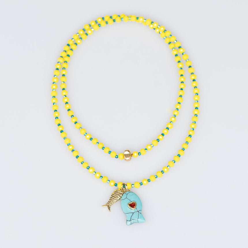 Yellow and Turquiose Fish Charm Beaded Necklace