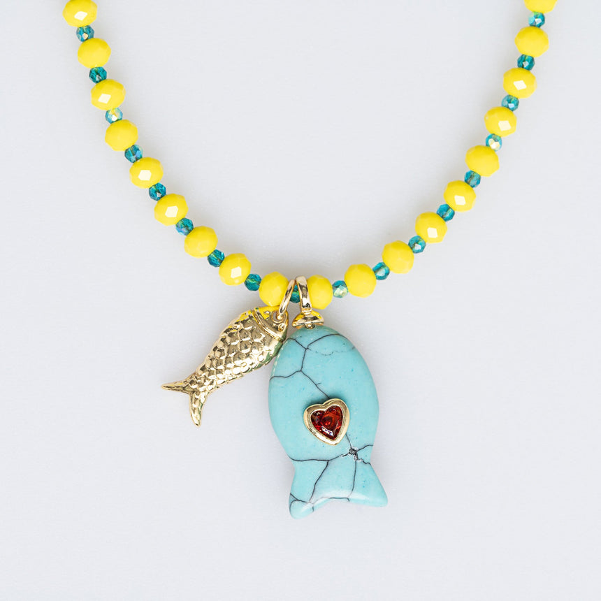 Yellow and Turquiose Fish Charm Beaded Necklace