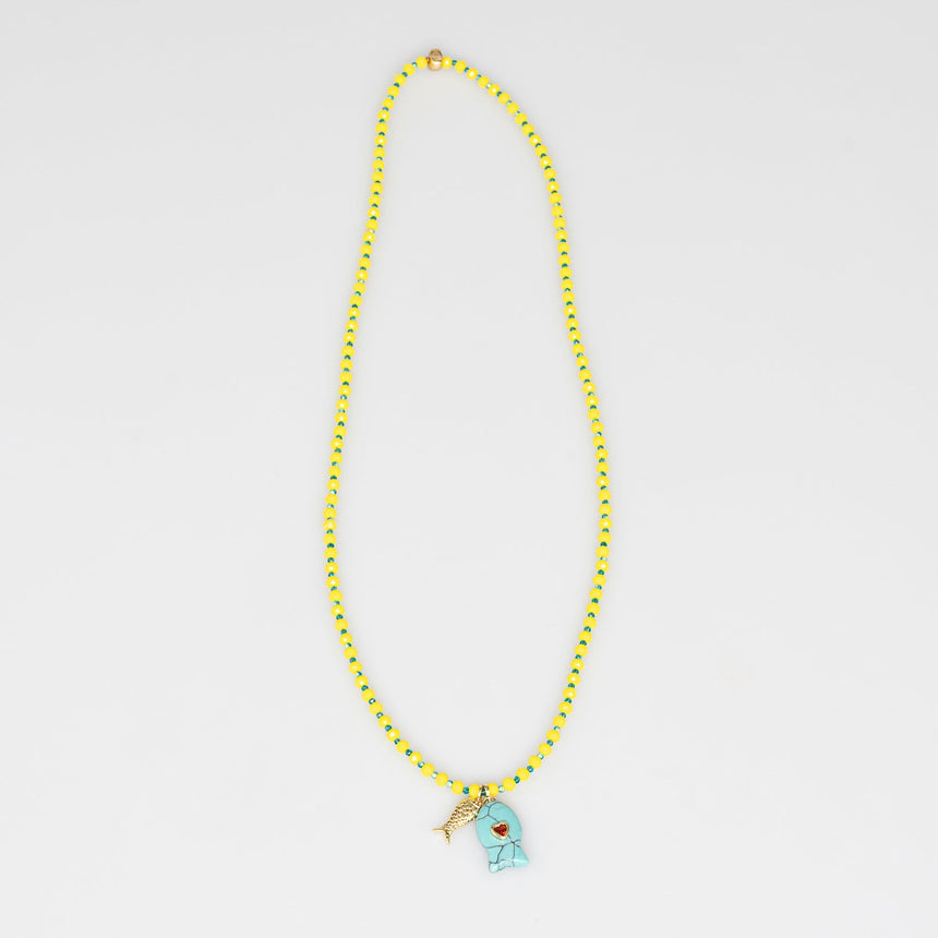 Yellow and Turquiose Fish Charm Beaded Necklace