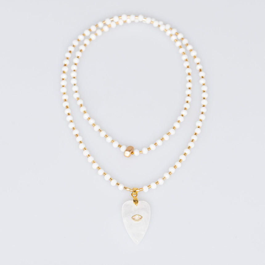 White Heart Stone Long Necklace