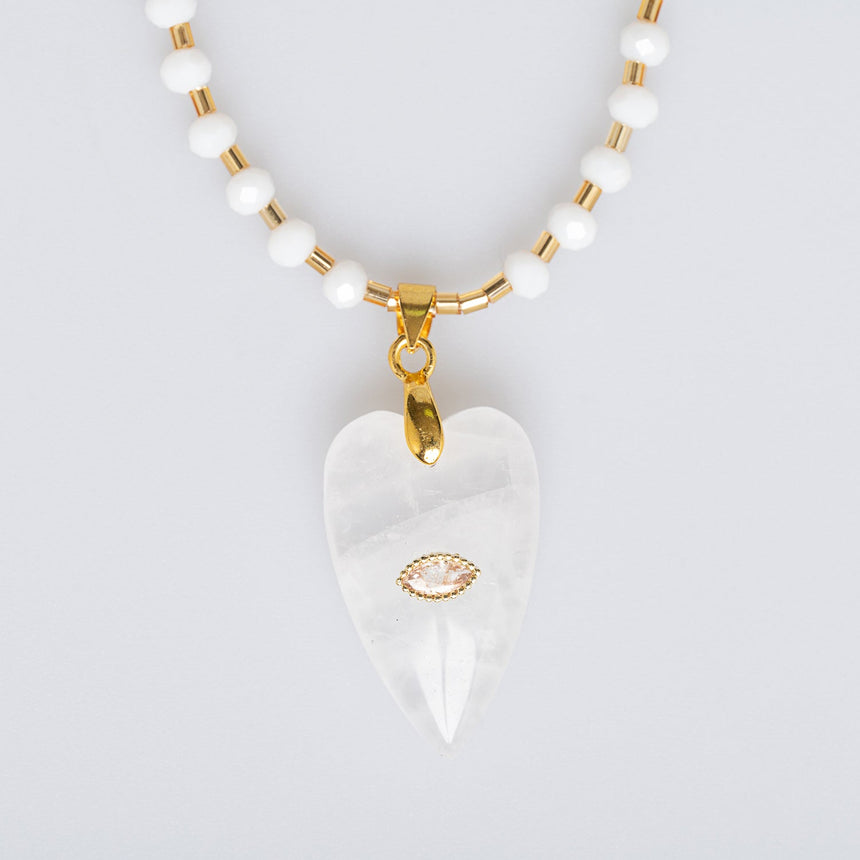 White Heart Stone Long Necklace