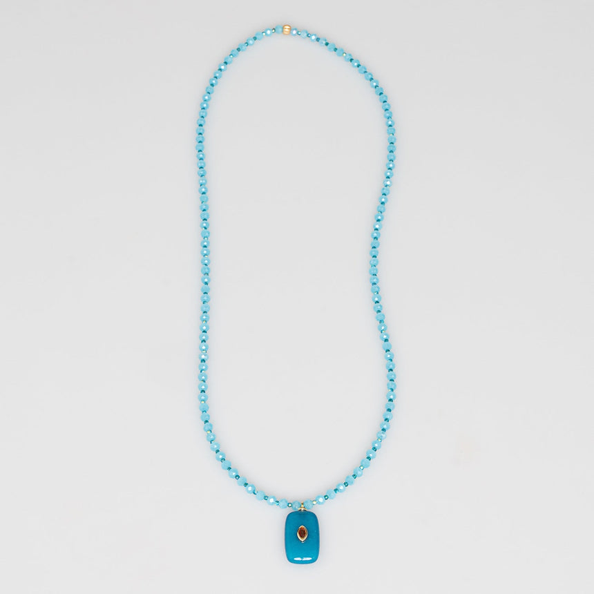 Blue Beaded Stone Pendant Long  Necklace