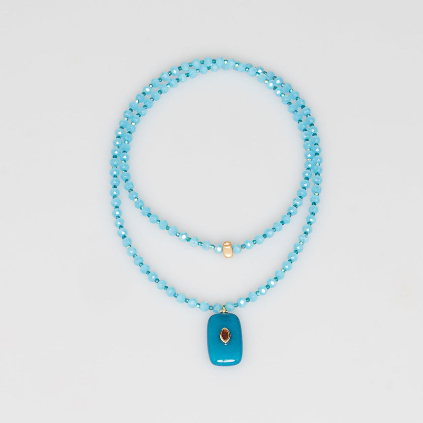 Blue Beaded Stone Pendant Long  Necklace